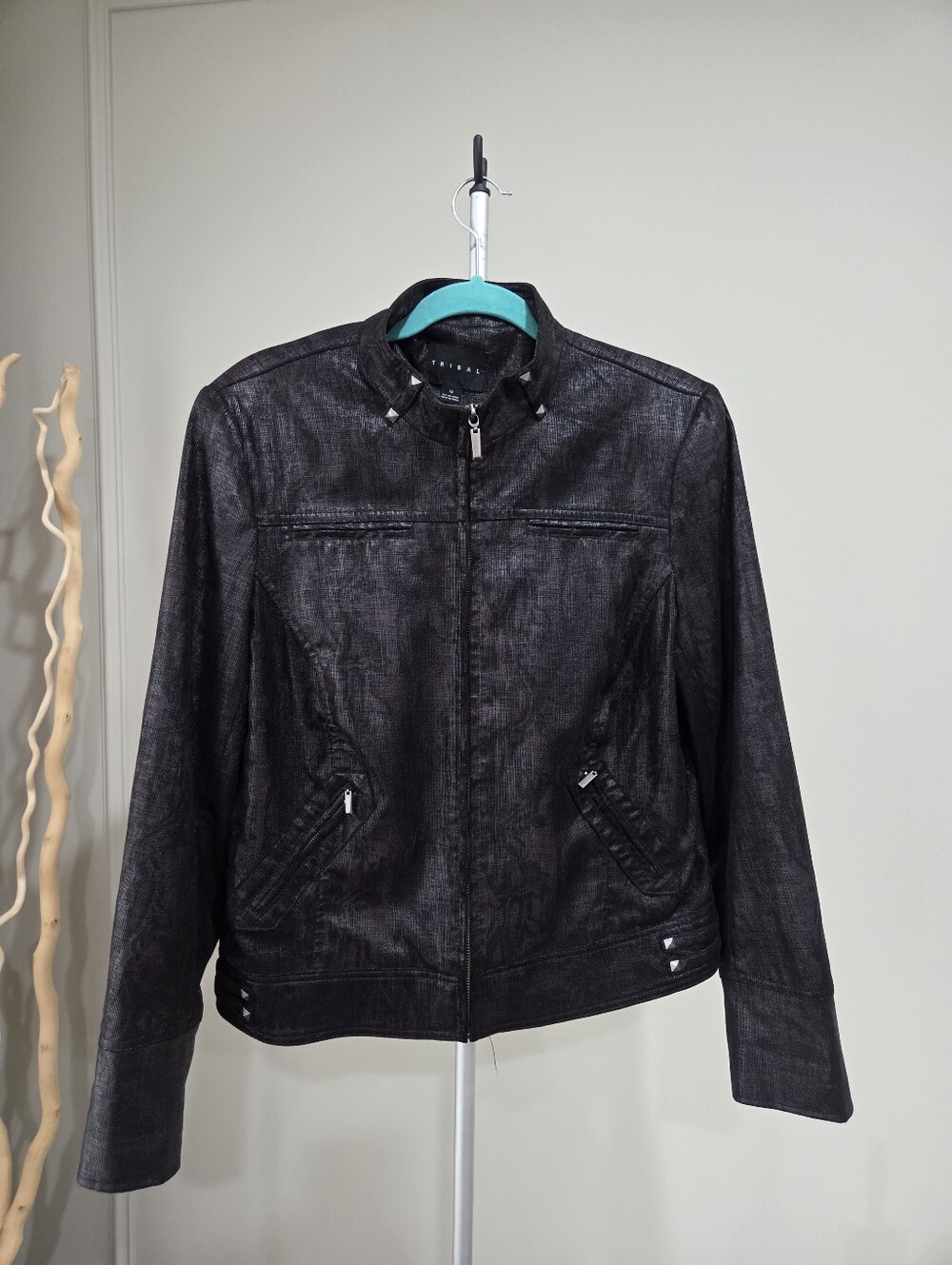 Tribal Womens Black Moto Jacket  Sz.12 Full Zip Mock Neck Fabric